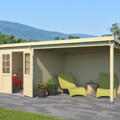 8711471581517 1022498 Outdoor Life Products Tuinhuis Blokhut met Overkapping Sunniva 570x275 2 min