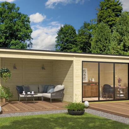 8711615183171 1060273 Outdoor Life Products Tuinhuis Blokhut met Overkapping Pernilla 385x295 + Aanbouw 2 min