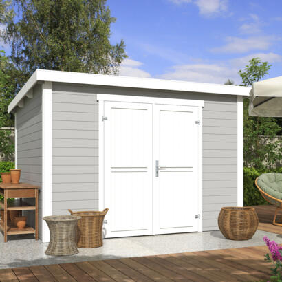 8711615182853 1060188 Outdoor Life Products Tuinhuis Blokhut Lotta 300x250 Platinum Grey Wit 2