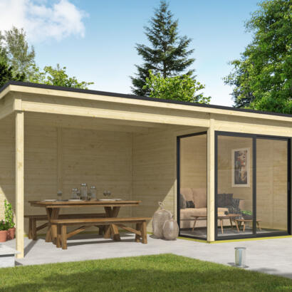 8711615183072 1060261 Outdoor Life Products Tuinhuis Blokhut met Overkapping Julia 295x295 + Aanbou   kopie