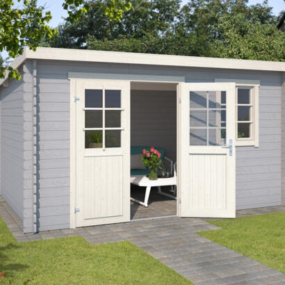 8711471201286 1009640 Outdoor Life Products Tuinhuis Blokhut Amira 380x230 Platinum Grey Wit 2